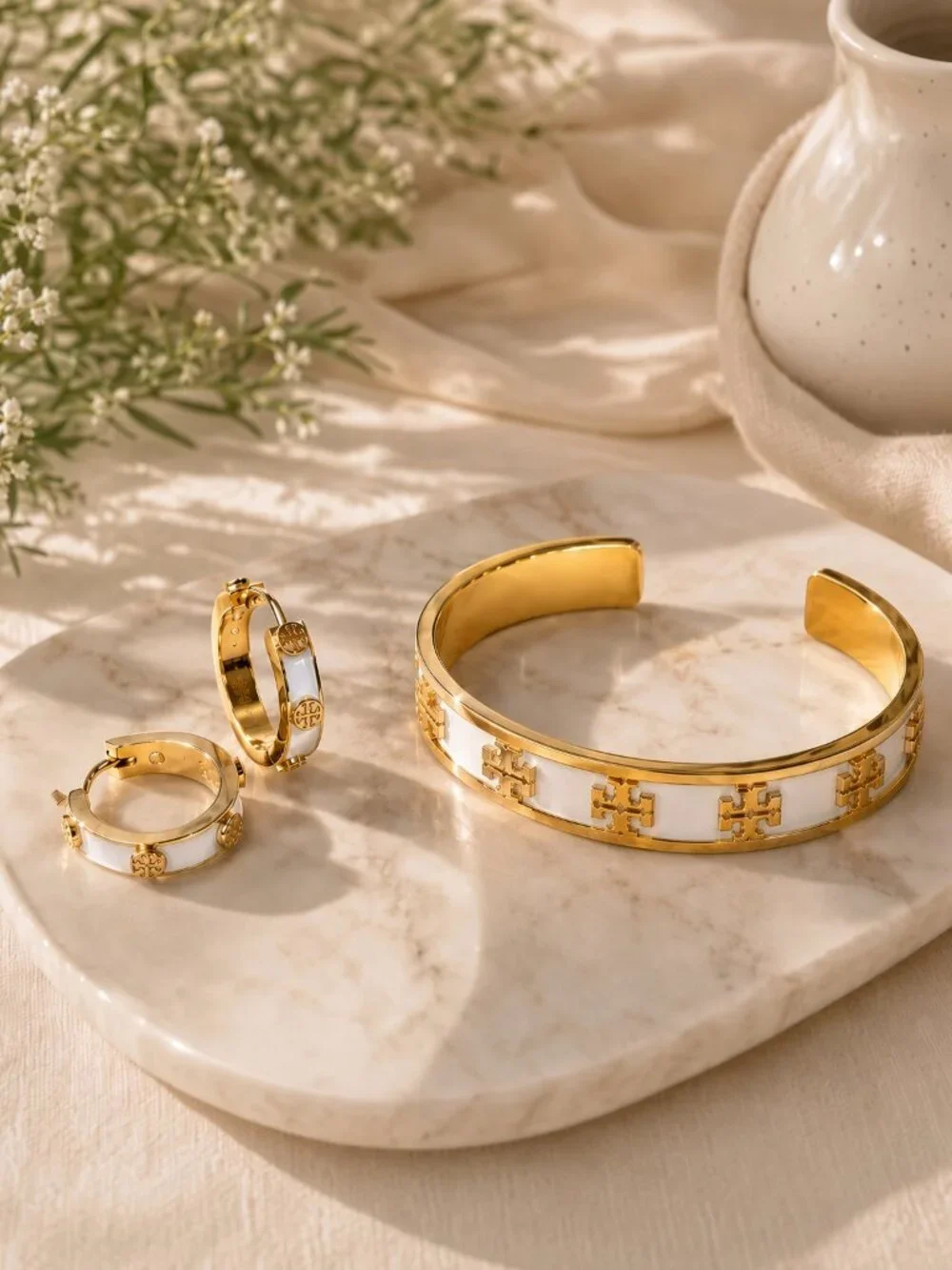 Tory Burch Gold Ivory Stud Hoop HUGGIE Earrings and Enamel Logo Cuff Bracelet